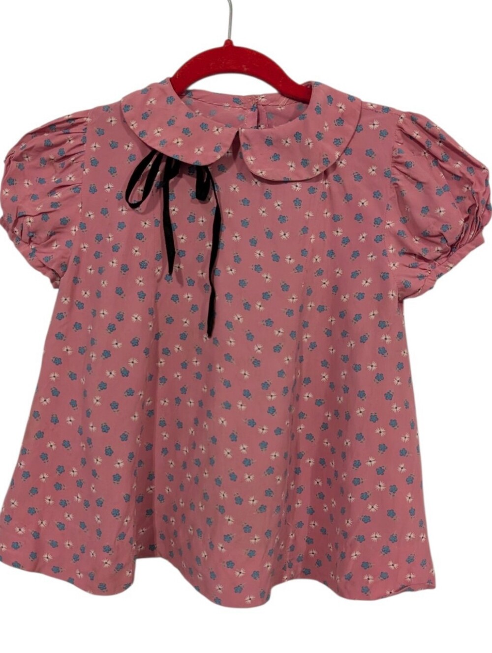 50s 60s Vintage Girl's Pink Floral Silk Dress Peter Pan Collar Black Bow Accent